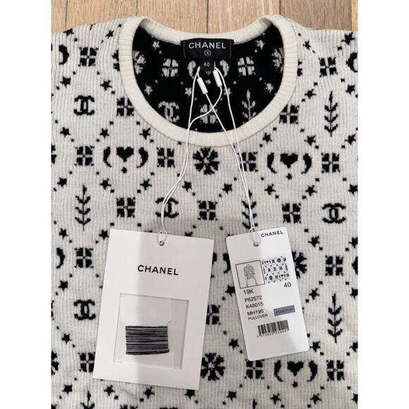 Chanel 19K Coco Neige Black White Wool CC Logo Top Short Sleeve Tee T Shirt 40 - Picture 5 of 16